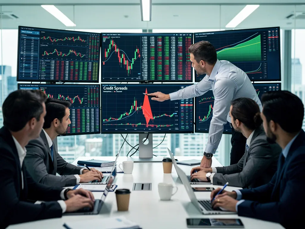 Financial analysts discussing credit spread analysis and market risks in a collaborative office setting.