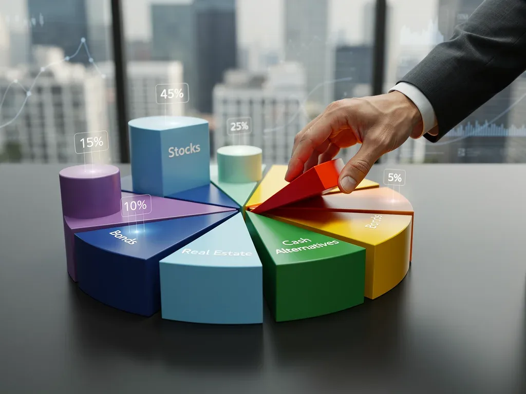 Illustration of a diversified investment portfolio undergoing de-risking and rebalancing for stability.