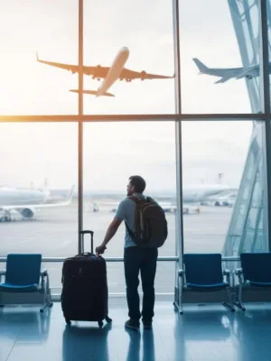 man going to travel for work with insurance