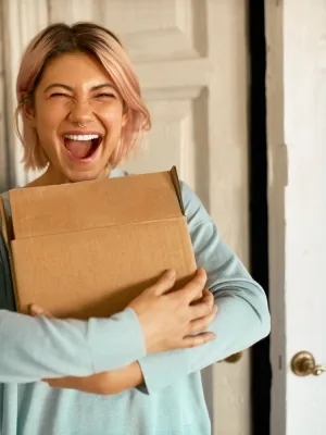 Happy woman with Coupons on Amazon.