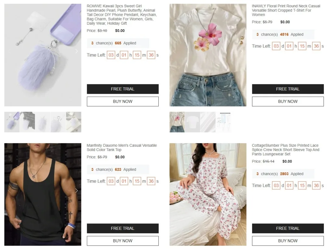 shein free trial center website page.