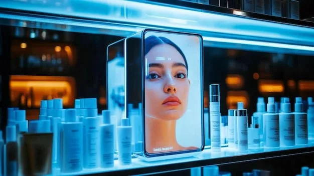 A beauty expert using a digital skin tone analyzer on a customer's cheek in a well-lit, modern cosmetics store, demonstrating advanced shade matching technology.