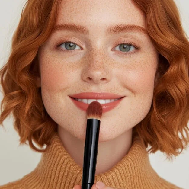 A close-up of a fair-skinned model with a cool undertone, applying a sheer berry-toned lipstick. Her skin is radiant and the focus is on the subtle, healthy glow the lipstick provides.