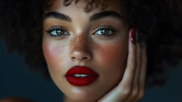A close-up of a dark-skinned model wearing a vibrant, matte ruby red lipstick. Her skin glows, and the lipstick stands out boldly and beautifully, highlighting her lips as a central feature.
