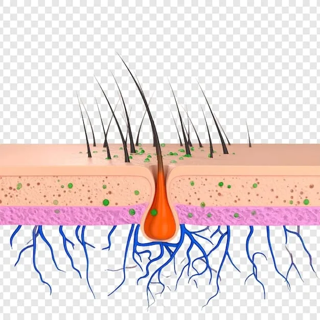 A schematic diagram illustrating a healthy hair shaft contrasted with a damaged hair shaft, showing lifted cuticles and porous areas, emphasizing the need for reparative ingredients.