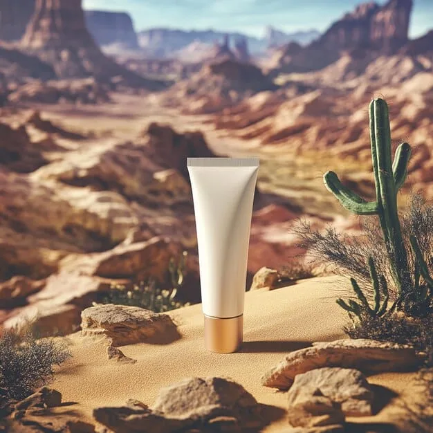 A skincare routine laid out on a desert-themed backdrop, featuring heavy, occlusive creams and balms, emphasizing hydration in dry climates.