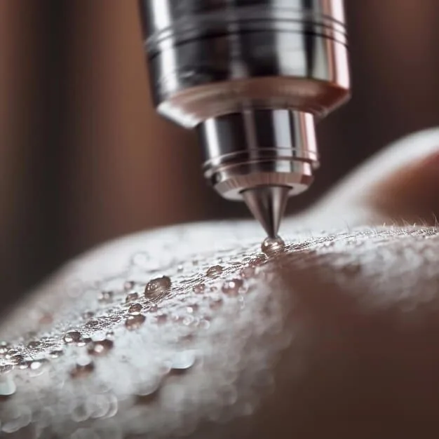 Close-up of a patient undergoing microneedling treatment, with a dermatologist's gloved hand holding the derma-pen device gently touching the skin, showing the tiny needles.