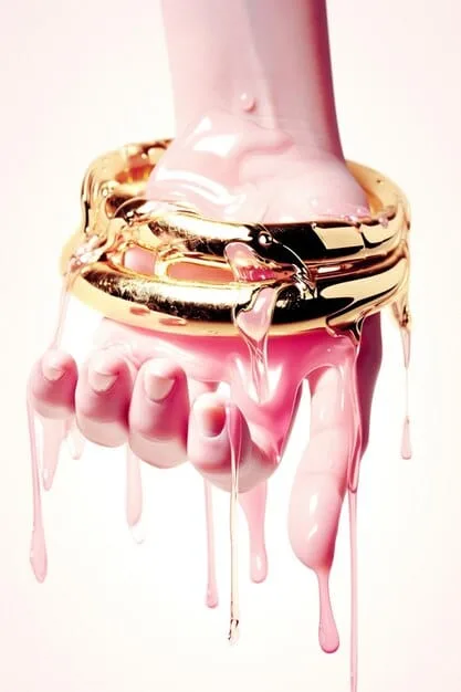 Hands showcasing creative experimental nail art with exaggerated 3D elements, including matte and glossy textures, tiny sculpted roses, and iridescent chrome accents.