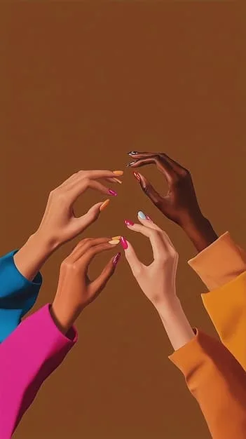 Various hands displaying different nail shapes and lengths, from sharp stilettos with bold designs to soft squovals with minimalist finishes, highlighting diverse 2025 trends.