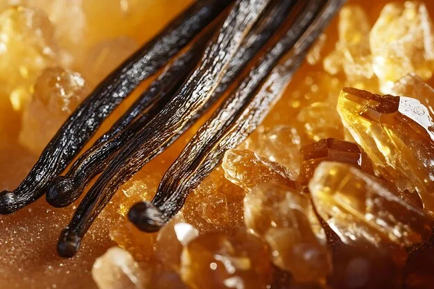 A close-up of amber resin and vanilla beans, with soft light, evoking warmth and richness.