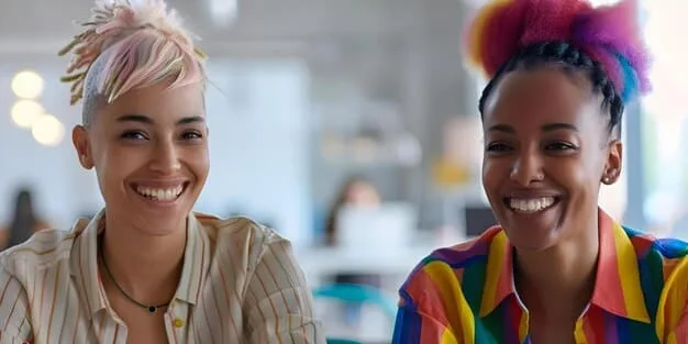 A diverse group of people, gender-fluid, smiling and interacting in a modern, minimalist setting, embodying individuality and inclusivity.