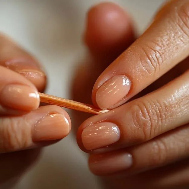 A person's hands are gently pushing back cuticles with a wooden orange stick after applying cuticle oil, focusing on detail and care during a home pedicure.