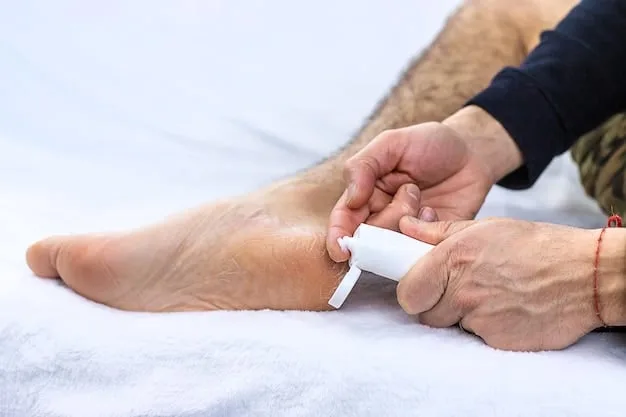 A close-up shot of a person with diabetes having their feet gently inspected and moisturized by a healthcare professional, emphasizing careful and specialized foot care.