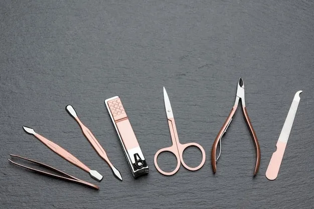 A neatly arranged set of manicure tools on a clean white surface, including nail clippers, files, a cuticle pusher, and a small brush, with soft daylight illuminating the scene.