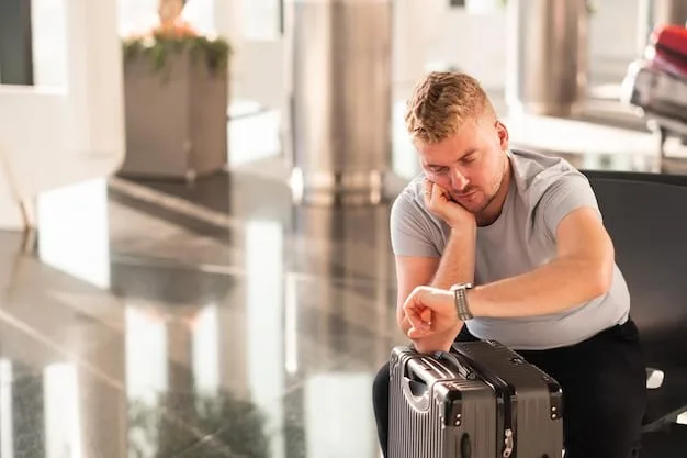 A traveler looking distressed and holding a broken suitcase at an airport, highlighting lost luggage scenarios.