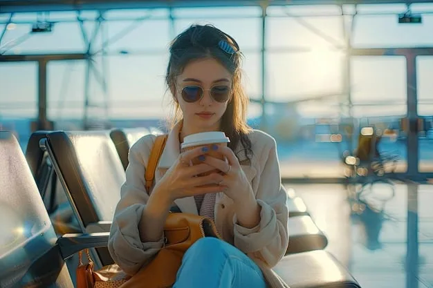 A traveler enjoying a spacious, luxurious airport lounge, with an airplane visible through a large window. A credit card is casually placed on a table next to a cup of coffee.