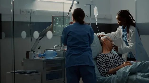 A doctor in scrubs attending to a patient in a modern hospital room, with medical equipment in the background, suggesting emergency care.