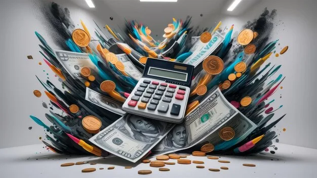A calculator displaying figures with dollar signs and a graph trending upwards, symbolizing financial growth and savings, set against a background of scattered coins and credit cards.