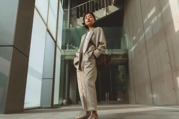 A person wearing a cream-colored, oversized power suit with wide-leg trousers, paired with chunky white sneakers and a simple black t-shirt. The setting is a minimalist, brightly lit urban street.