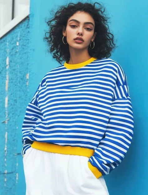 A close-up of a stylish outfit featuring a striped blouse with subtle blue tones and a floral skirt predominantly in blue and white, demonstrating effective color matching between different prints. The ensemble is accessorized with minimalist silver jewelry.