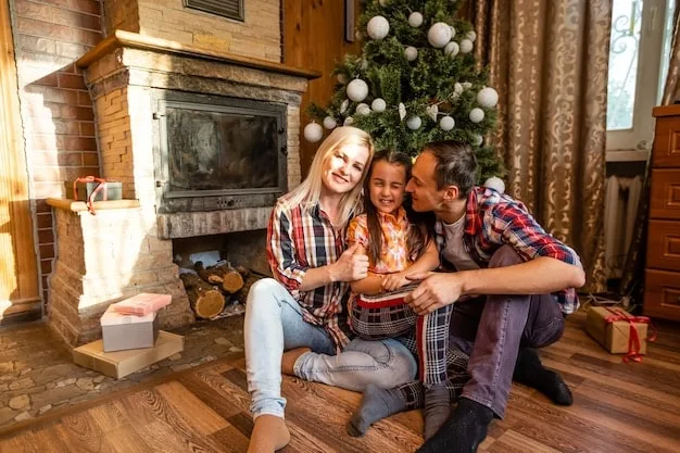A family gathered around a cozy fireplace, laughing, with one person comfortably dressed in a stylish, festive plaid shirtdress, opening a gift.