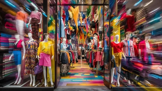 A bustling vintage clothing store with racks of colorful Y2K-era garments, shoppers browsing, and a vibrant, energetic atmosphere.