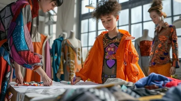 A vibrant community workshop where diverse individuals are collaboratively transforming old textiles into new, fashionable accessories, illustrating the collaborative spirit of sustainable fashion.