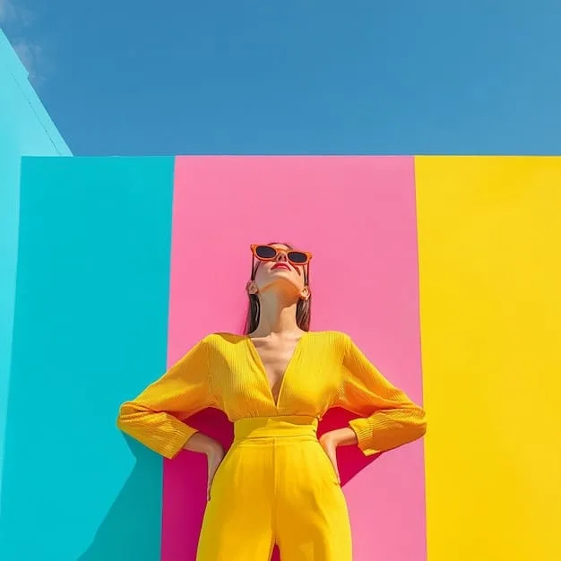 A fashion illustration showcasing strategic color blocking with geometric shapes. One model wears a bright fuchsia blazer with electric blue trousers, while another has a vibrant orange top paired with a striking yellow skirt, illustrating daring yet balanced color combinations.