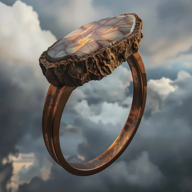 A detailed shot of a custom-made ring featuring an irregular-shaped natural stone set in an organically twisted silver band, with a soft, diffused light, highlighting its unique craftsmanship.