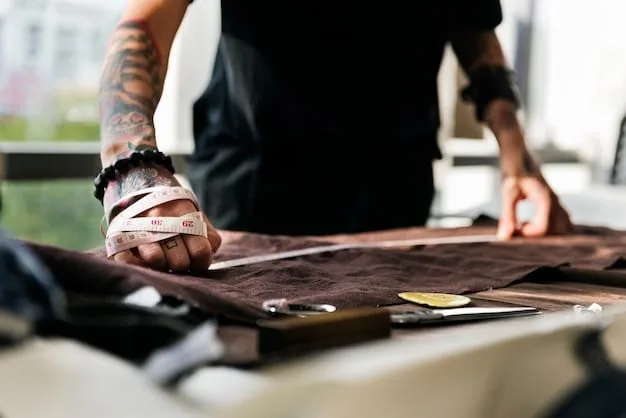 Craftsman meticulously working on a leather accessory in an urban workshop, surrounded by stylish streetwear and high fashion elements, emphasizing quality and detail