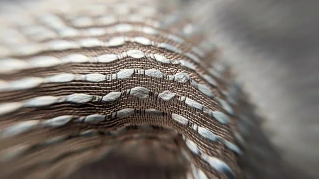 A detailed close-up shot of an innovative textile, showcasing its soft texture and advanced weaving patterns, with subtle hints of sustainable fibers or technical properties, representing material advancements.