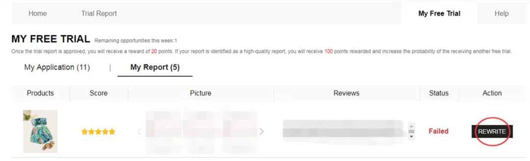 Botón Rewrite en My Report cuando el informe está Failed