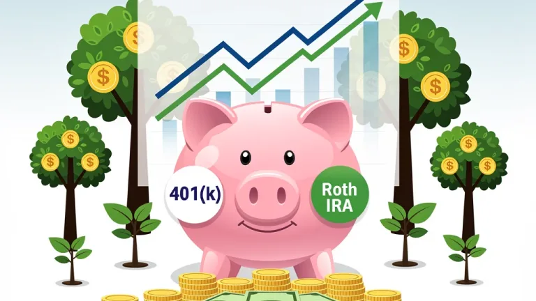 Illustration of a piggy bank with 401(k) and Roth IRA logos, representing strategic retirement savings and financial growth.