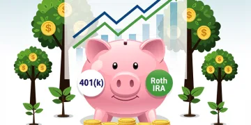 Illustration of a piggy bank with 401(k) and Roth IRA logos, representing strategic retirement savings and financial growth.