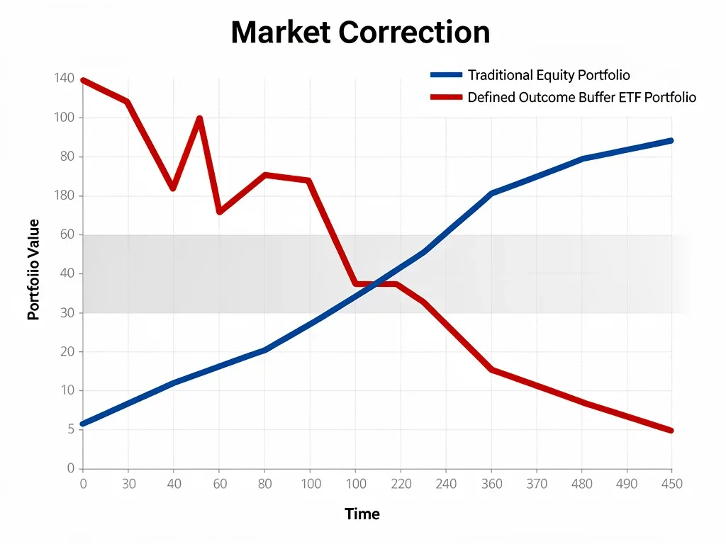 Illustration comparing buffered ETF and traditional equity performance during a market decline.