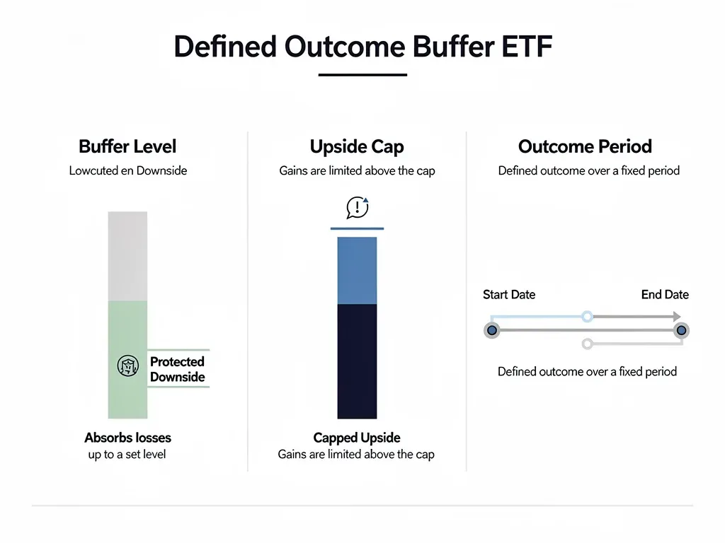 Diagram showing buffer, upside cap and outcome period in a defined outcome ETF.