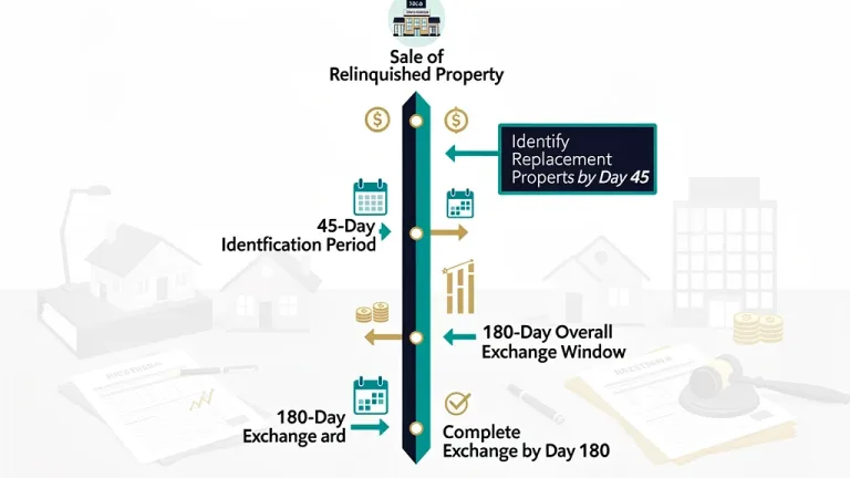 Detailed visual guide to the 1031 exchange timeline, showing critical 45-day and 180-day deadlines for equity preservation.