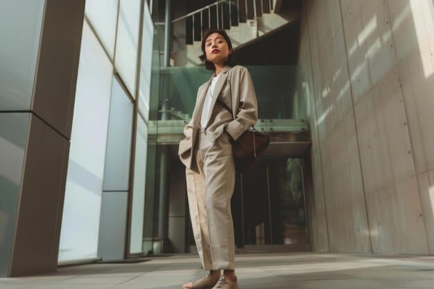 A person wearing a cream-colored, oversized power suit with wide-leg trousers, paired with chunky white sneakers and a simple black t-shirt. The setting is a minimalist, brightly lit urban street.