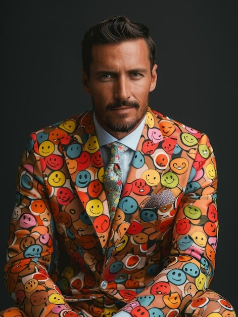 A detailed shot of a mixed-media power suit, showcasing a blazer with one lapel made of a different textured fabric (e.g., leather vs. wool) and matching trousers with a subtle asymmetrical seam detail, worn by a diverse model in a gallery setting.