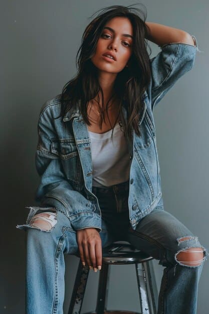 A detailed shot of a relaxed luxe denim on denim outfit, featuring an oversized light-wash denim jacket draped over a cream-colored chunky knit sweater, paired with wide-leg distressed jeans and chunky white sneakers.