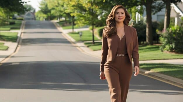 A woman modeling a beige top with dramatic puffed sleeves, paired with tailored high-waisted black pants and subtle gold jewelry, exuding casual elegance.