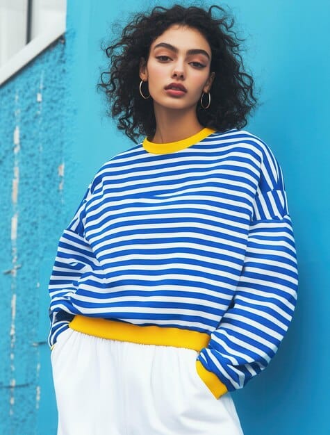A close-up of a stylish outfit featuring a striped blouse with subtle blue tones and a floral skirt predominantly in blue and white, demonstrating effective color matching between different prints. The ensemble is accessorized with minimalist silver jewelry.