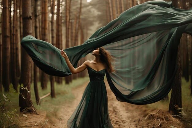 An elegant evening outfit featuring a flowing gown made from ethically sourced organic silk or sustainable Tencel, paired with vintage upcycled jewelry and responsibly sourced high heels. The setting is a dimly lit, sophisticated venue.