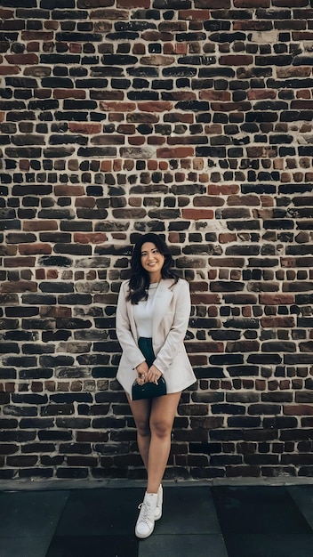 A woman casually leaning against a brick wall, showcasing a sporty chic outfit that combines tailored grey joggers with a black fitted turtleneck, a chic camel trench coat, and white minimalist sneakers. She carries a small, structured crossbody bag.