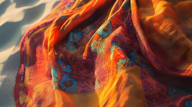 A detailed close-up of embroidered fabric, possibly part of a boho-chic tunic or skirt, showcasing intricate patterns and vibrant threads, with a soft-focus background.