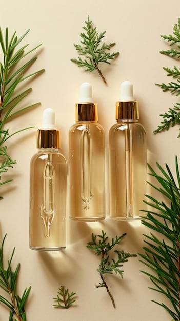 A detailed flat lay of the five serum bottles mentioned in the article, each clearly labeled, surrounded by soft light and botanical elements, emphasizing their natural yet scientific origins.
