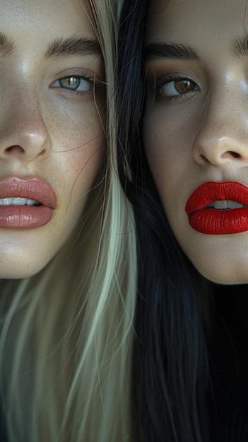 A split image showing two women's lips: one with a harsh, dark matte lipstick that emphasizes lines, and the other with a soft, hydrating neutral shade that appears more youthful.