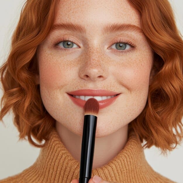 A close-up of a fair-skinned model with a cool undertone, applying a sheer berry-toned lipstick. Her skin is radiant and the focus is on the subtle, healthy glow the lipstick provides.