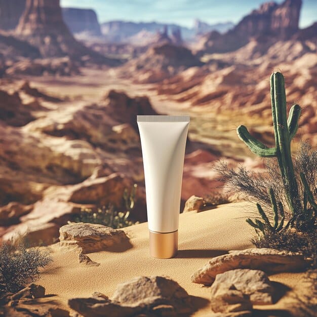 A skincare routine laid out on a desert-themed backdrop, featuring heavy, occlusive creams and balms, emphasizing hydration in dry climates.