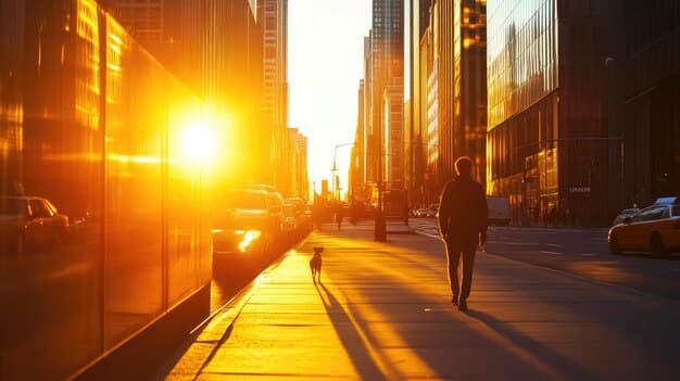 A person walking through a sunny city street in the US, with sunlight glinting off buildings, and a subtle glow on their face, implying recent sunscreen application.